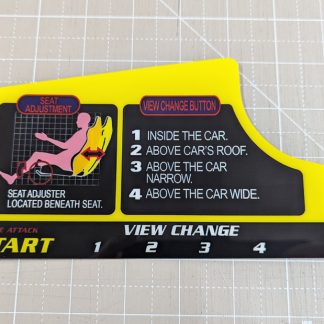 A reproduction dash instructions decal for Daytona USA 2 arcade cabinets. Export version without a credit button on the dashboard. Direct reverse printed to 0.375mm gloss polycarbonate with a 3m adhesive backing, then CNC cut to shape.