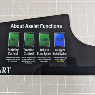 A reproduction dash instructions decal for F355 arcade cabinets. Export version without a credit button on the dashboard. Direct reverse printed to 0.375mm gloss polycarbonate with a 3m adhesive backing, then CNC cut to shape.