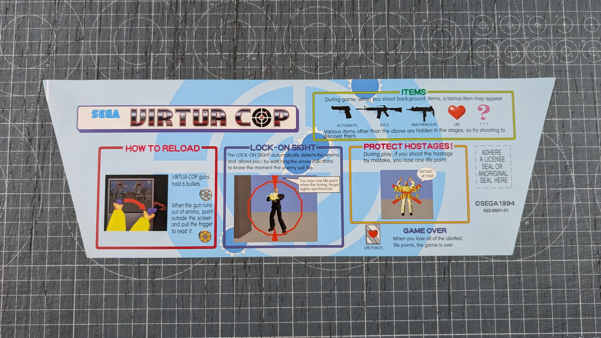 virtua cop nos instruction panel 422-0501-01