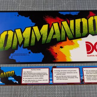 Marquee and instruction space decals for Commando Printed with expanded range inks to flexible backlight/translite film, and cut to fit Naomi/Blast/NNC/Net City cabinets.