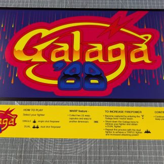 Marquee and instruction space decals for Galaga 88 Printed with expanded range inks to flexible backlight/translite film, and cut to fit Naomi/Blast/NNC/Net City cabinets.