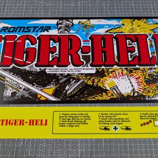 Marquee and instruction space decals for Tiger Heli Printed with expanded range inks to flexible backlight/translite film, and cut to fit Naomi/Blast/NNC/Net City cabinets.