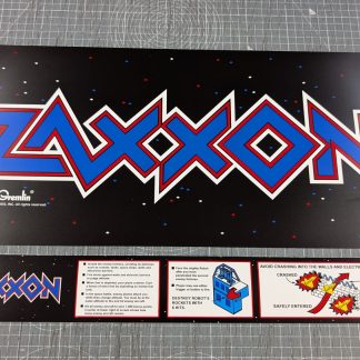 Marquee and instruction space decals for Zaxxon Printed with expanded range inks to flexible backlight/translite film, and cut to fit Naomi/Blast/NNC/Net City cabinets.